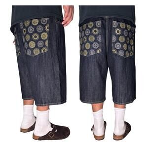 Y2k Baggy Hanji Denim Embroidered Size 42 Jean Shorts Grunge Skater jnco Type